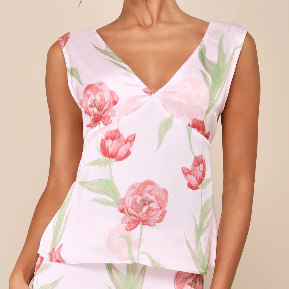 Lulu's Exceptional Darling Blush Pink Floral Satin V-Neck Tank Top